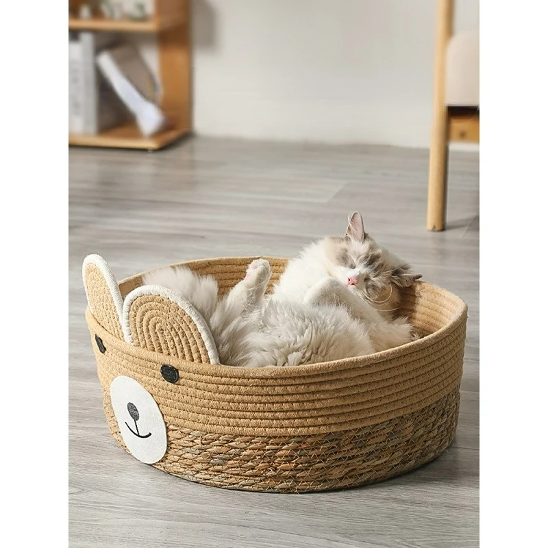 

YOKEE Pet Basket Mattress Rattan Grass Weaving Cat Nest Dog Kennel Straw Scratch Board Bed For Puppy Kitten All Season Universal