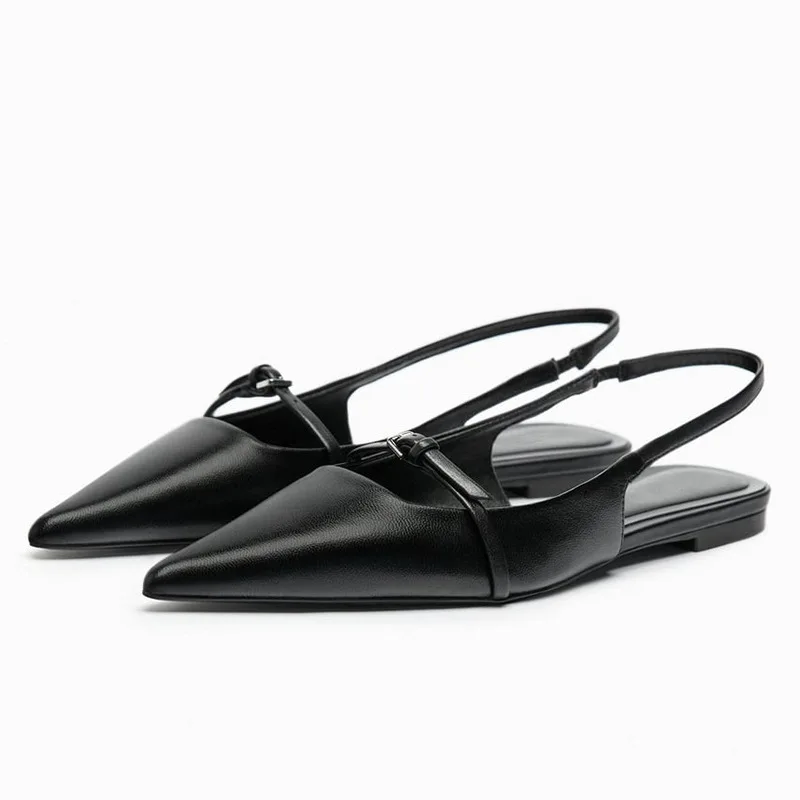 

Women's Slingback Flat Bottom Sandals Summer Black Leather Pointed End Woman Ballet Shoes Fashion Low-heel Beach Shoes