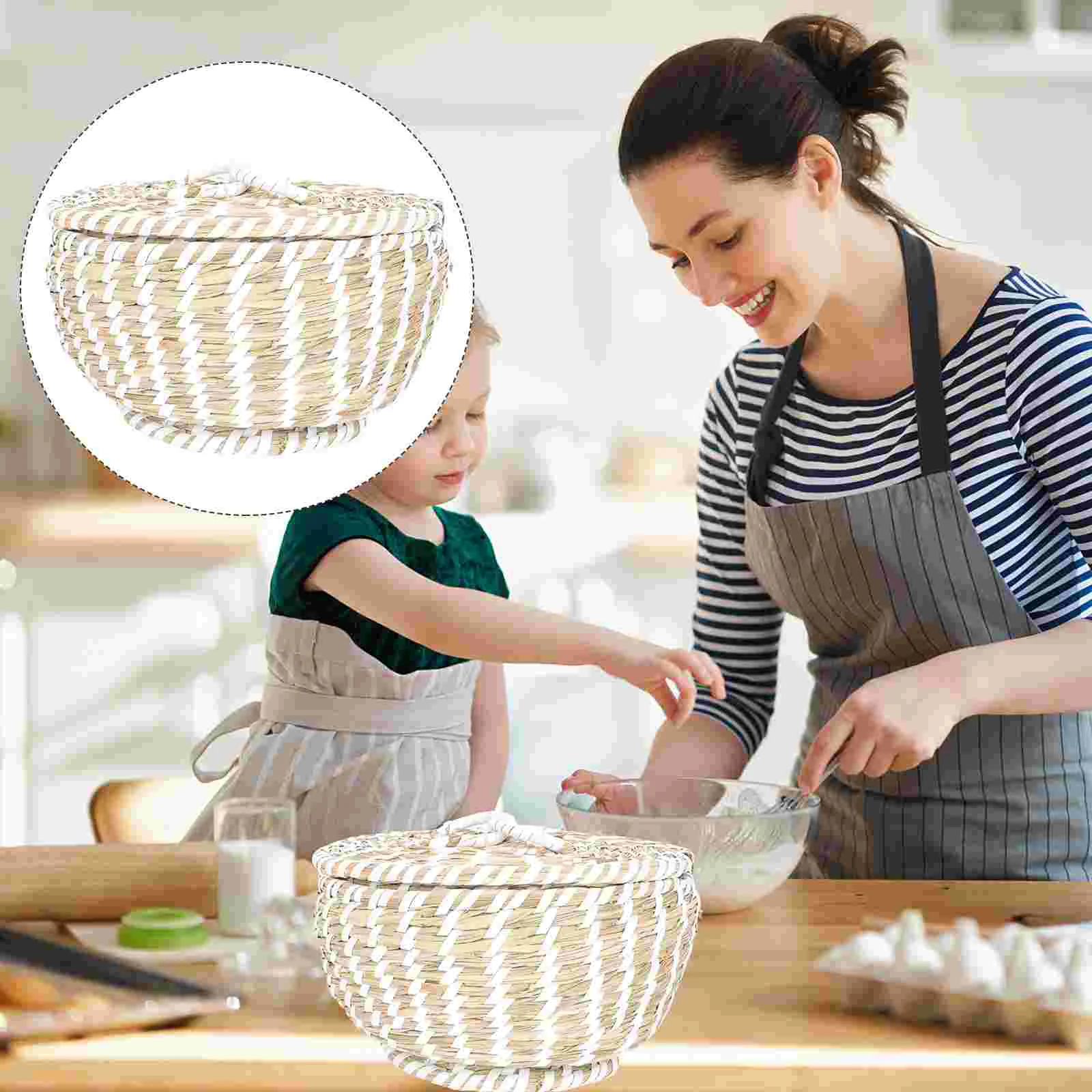 

Basket Egg Woven Storage Baskets Small Fruit Wickerseagrass Organizer Round Picnic Vegetable Lid Rustic Rattan Farmhouse Bowl
