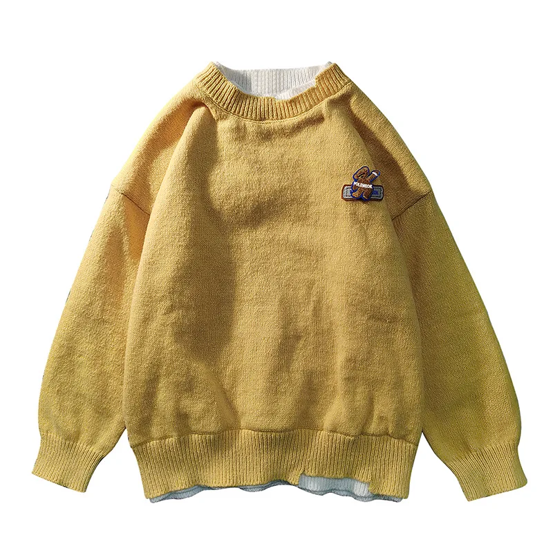 

Новый мужской пуловер с круглым вырезом, свитеры с имитацией двух частей, однотонный вязаный свитер с принтом, мужская одежда в стиле Харадз...