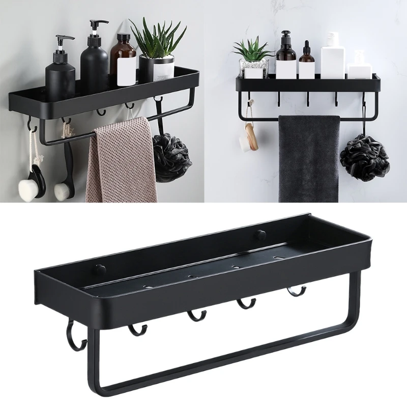 

Wall Mount Bathroom Storage Tray with Metal Hooks Towel Bar Kitchen Accessories