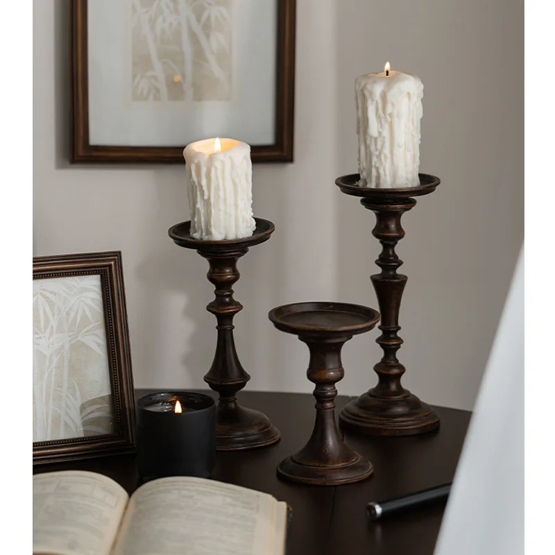 

Classic INS Set 3 Home Decoration Brown Finish Resin Pillar Candle Holders Polyresin Candlesticks Tabletop Decoration