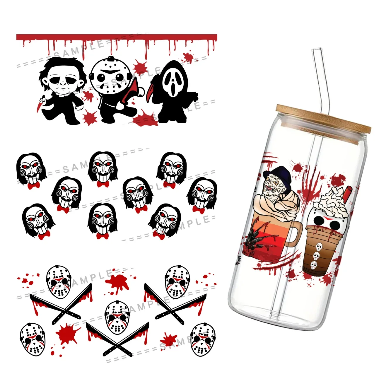 3d-пленка из фильма ужасов водонепроницаемая УФ DTF для 16 унций Libbey Glass Can DIY