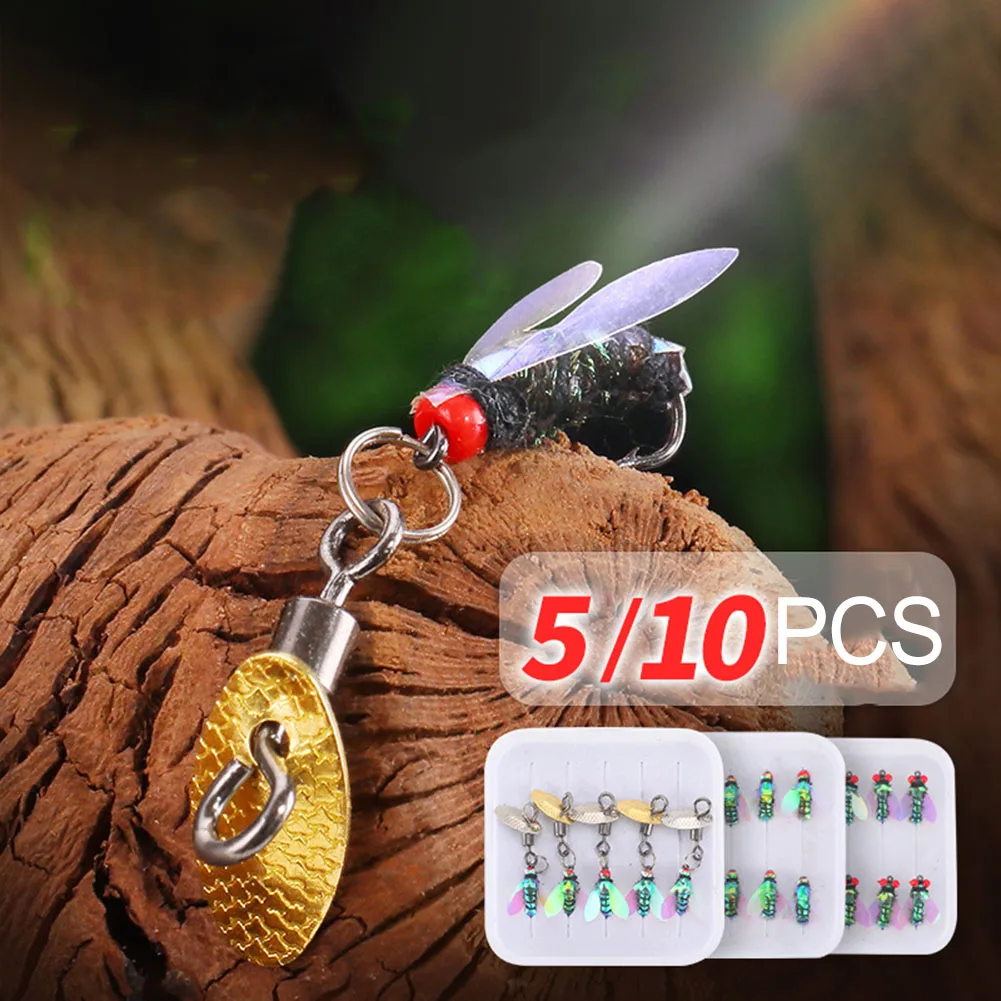 

5/10pcs Fly Hooks Flies Insect Lures Bait Fly Fishing Decoy Bait Feather Sequins Fishhook Bright Color Crazy Lure Fish Iscas