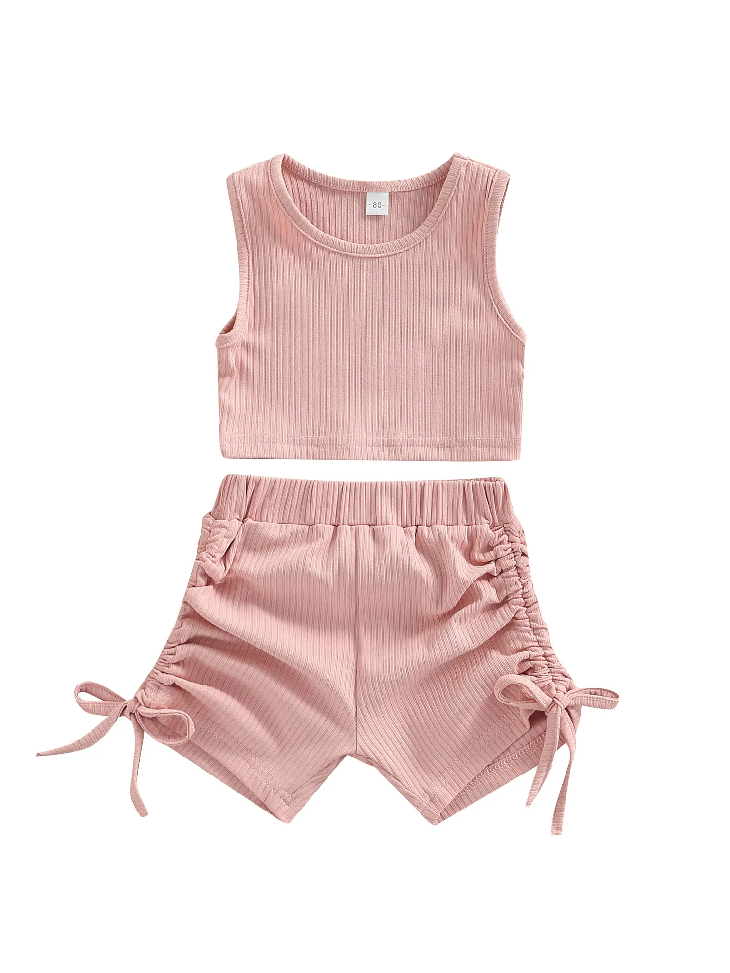 

2 Piece Girl\u2019s Summer Clothes Fashion Solid Color Round Neck Vest and Drawstring Short Pants Set