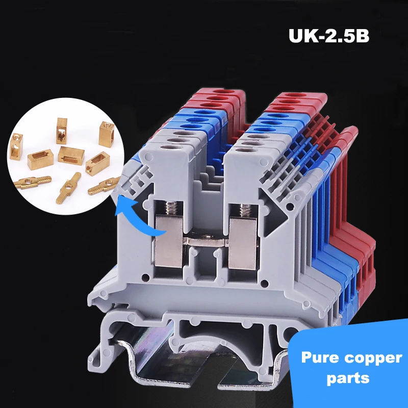 

50/100Pcs UK-2.5B Din Rail Universal Terminal Block Screw Type Brass Wire Cable Electrical Connector 32A 22-14AWG 0.5~2.5mm²