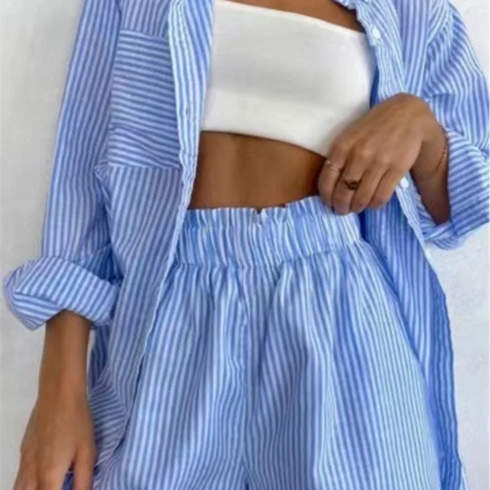 

Women Casual Two-piece Set 2023 New Loose Cotton Sportswear Spring Fashion Lapel Long-sleeved Woman Striped Shirt Elastic Shorts