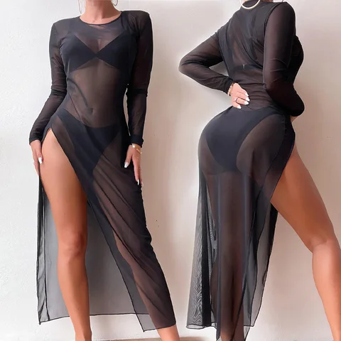 BKLD прозрачное Открытое платье для женщин с круглым вырезом, сексуальное платье для ночного клуба, тянущиеся однотонные платья с длинным рукавом и разрезом