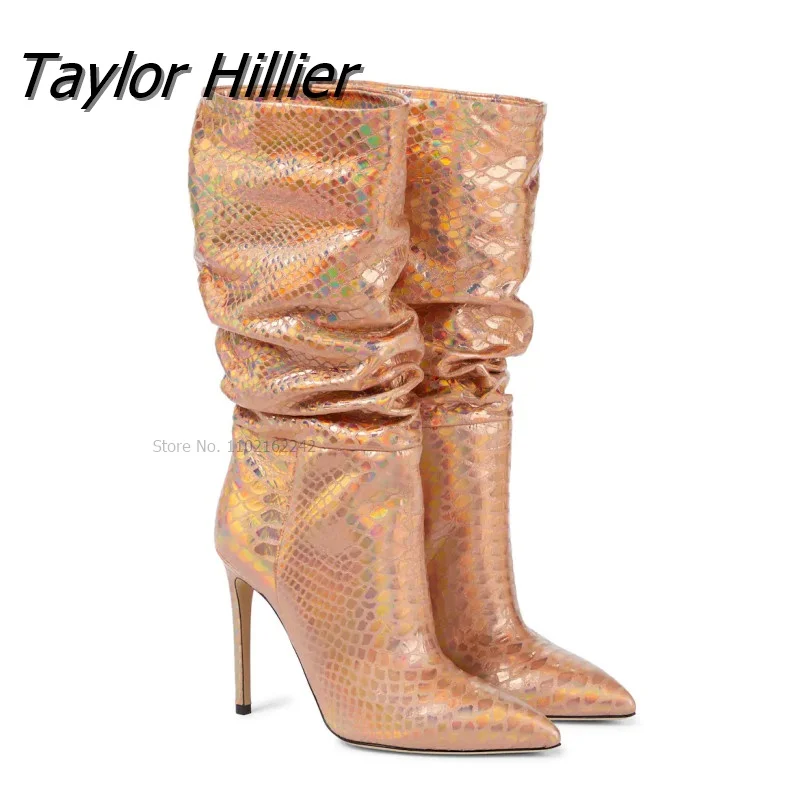

Pointed Toe Snake Boots Women'S Mid-Calf Folds Fashion Print Autumn New Champagne Color High-Heeled Winter Boots Large Size 43