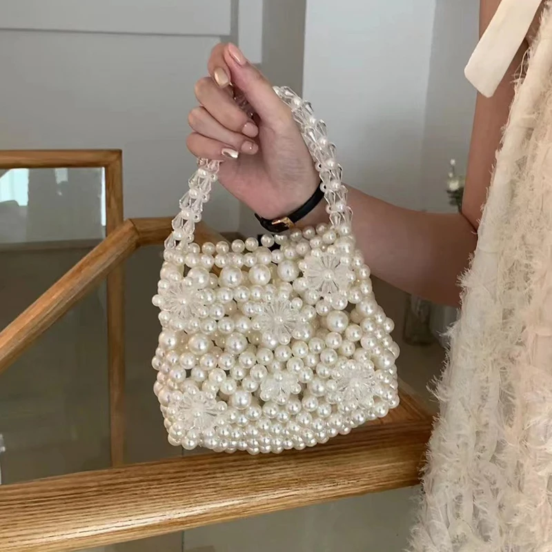 Fashion Daisy Pearl Bag Women's Casual Cutout Flower Beaded Handbag Woman Summer Cute Small Tote Female Lovely Purses 2023 New