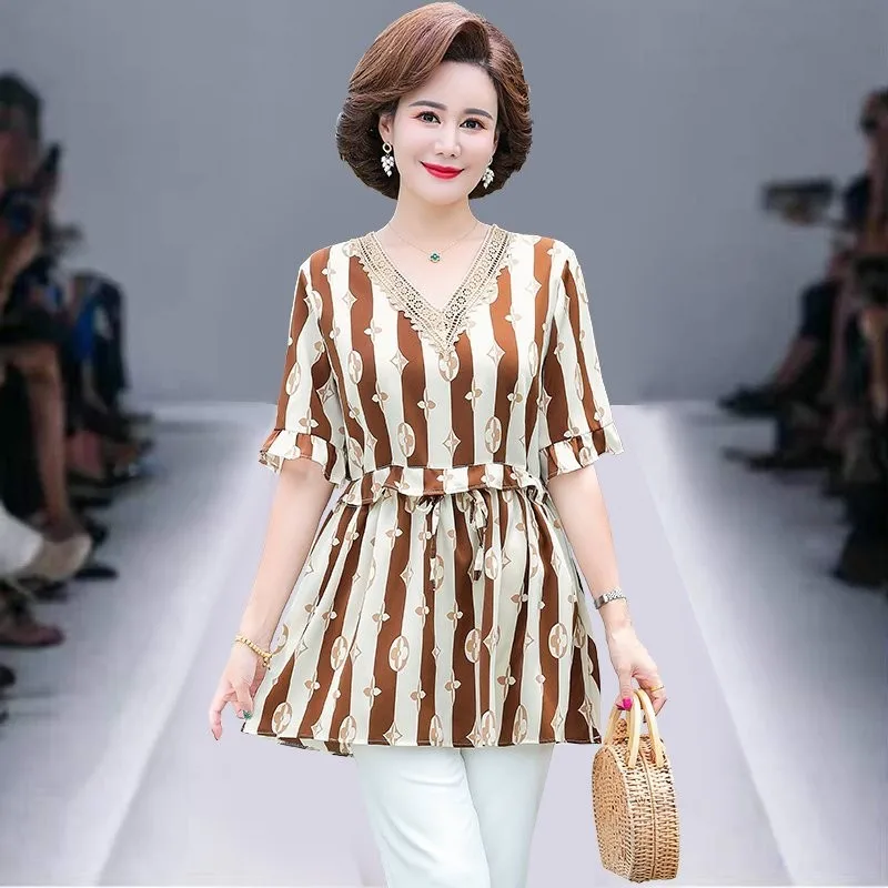 

Fashion Elegant Hollow Out V-neck Tunics Summer Women Printed Striped Chiffon Office Lady Blouse Female Clothing