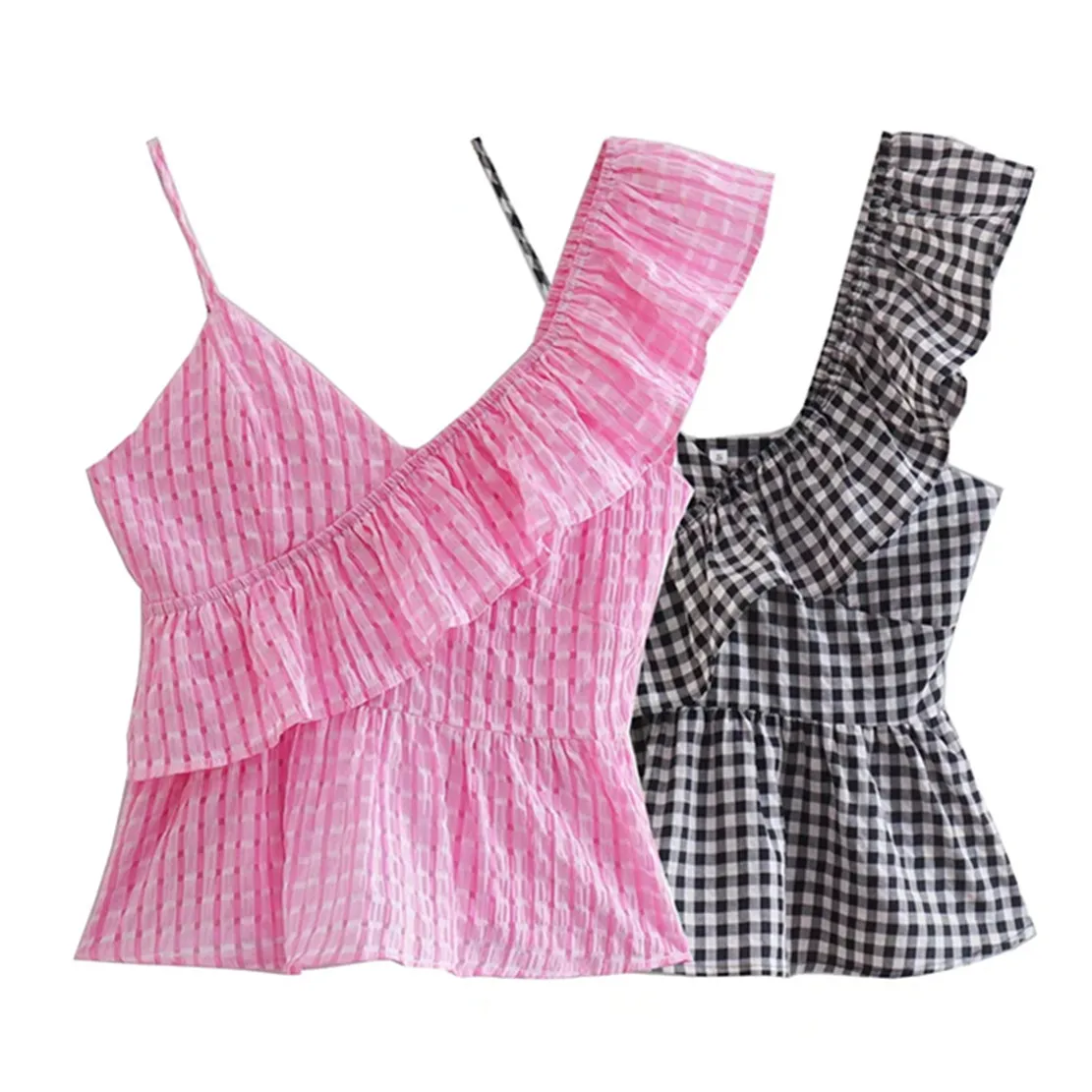 

Женская блузка с открытыми плечами Maxdutti, летняя модная клетчатая короткая рубашка с каскадными оборками, 2022