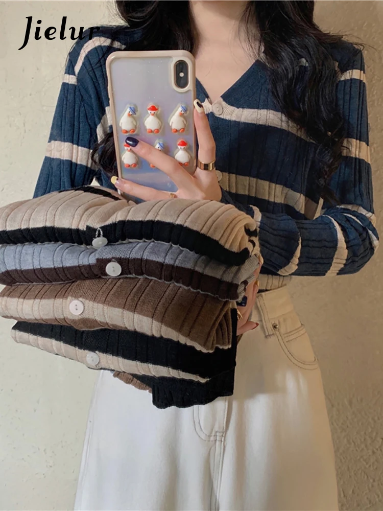 

Jielur 2022 Button V-Neck Loose Striped Sweater High Quality Fashion Women Sweater Women Jacket Cashmere Cardigan Knitted