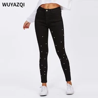 wuyazqi elastic black womens pants fashion pearl womens denim pants slim sweet girls pants casual trousers women jeans