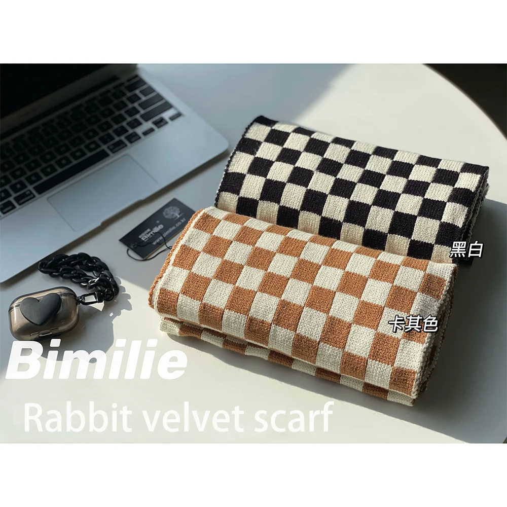 

Checkerboard Scarf, Rabbit Fleece Neck, 150 * 25cm Extra Long Scarf, Trendy Warm Scarf