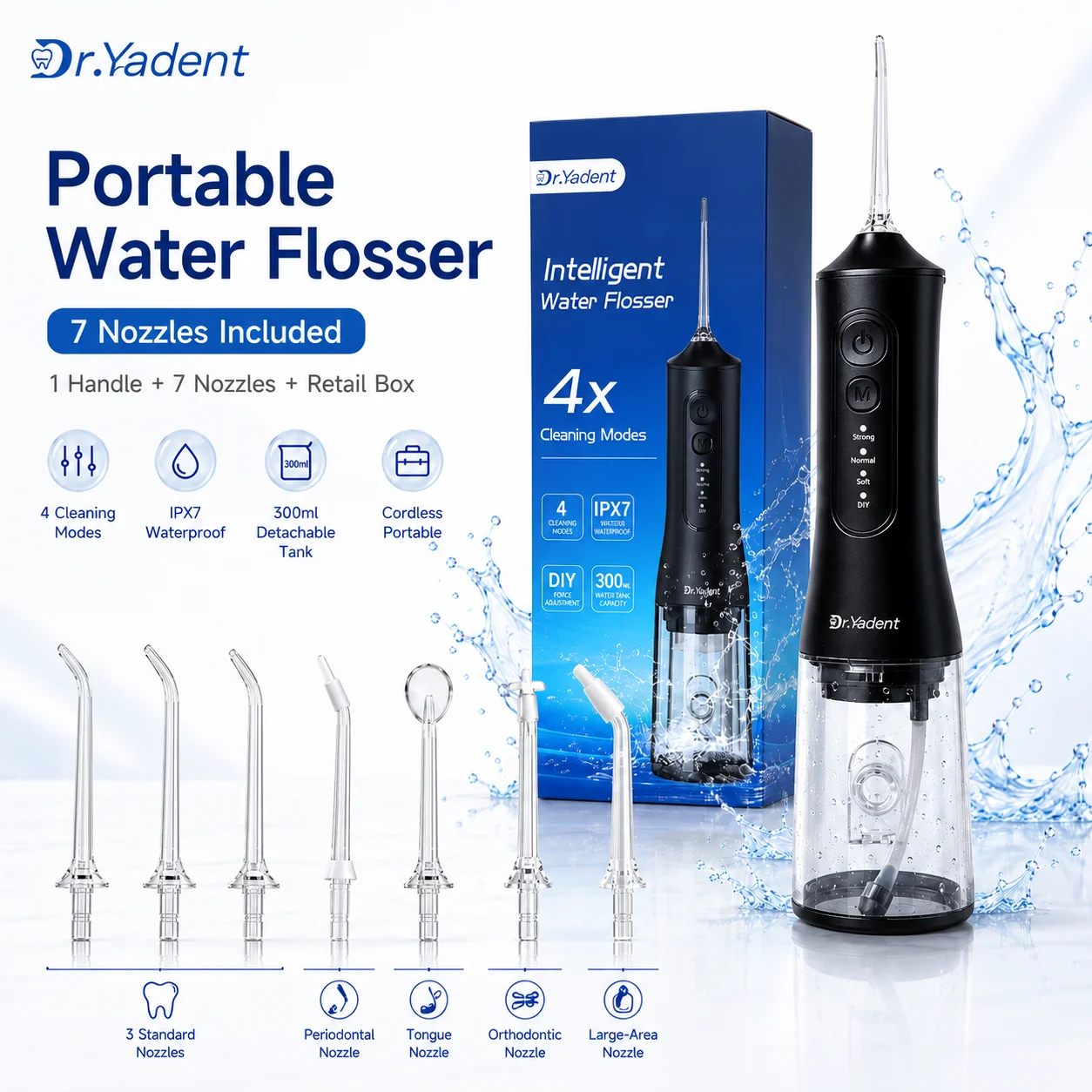 Фото Dr.Yadent YD06 Ирригатор для полости рта, ирригатор, 300 мл, большая емкость для дорожных поездок, 4 режима, с давлением своими руками, 7 различными насадками, водоструйными форсунками №1