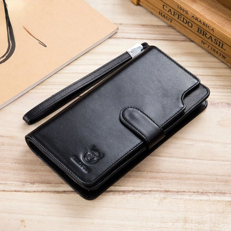 Retro Men's RFID Blocking Long Wallet Genuine Cow Leather Clutch Bag Zipper＆Hasp Large Capacity Coin Purse with Wrist Strap