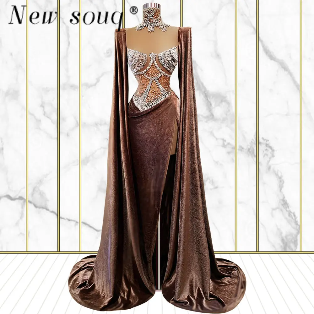 

Deigner Brown Long Mermaid Evening Dresses Cap Sleeves Floor Length Shoulders Formal Vintage Crystals Wedding Party Dresses