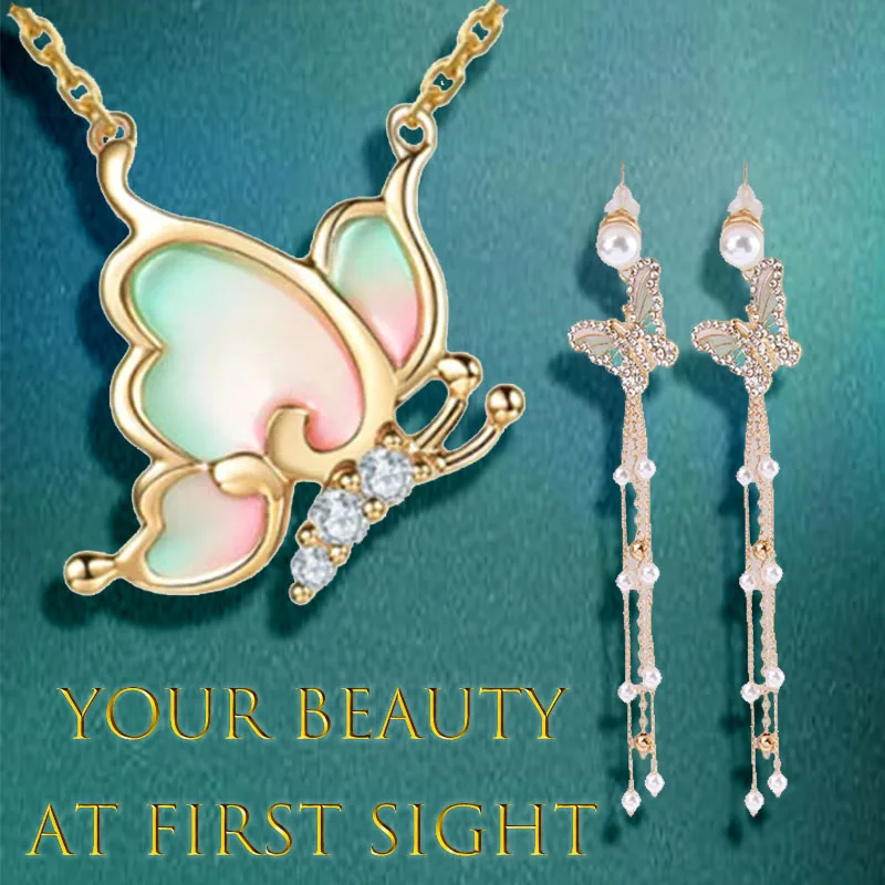 

2pcs Elegant Fashion Commuter Butterfly New Necklace Earring Jewelry Set Women's Accessories Date Accessories Birthday Gifts