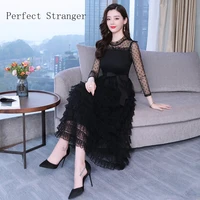 2022 autumn new arrival sexy high quality elegant lace gauze layer cake style long sleeve woman long dress black