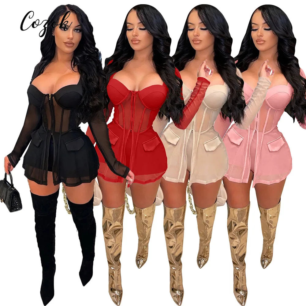 

COZOK 2022 Hot Sale Zipper Tube Top 2 Piece Shorts Set Patchwork Women Clothes Mesh See Through Two Piece Shorts Set