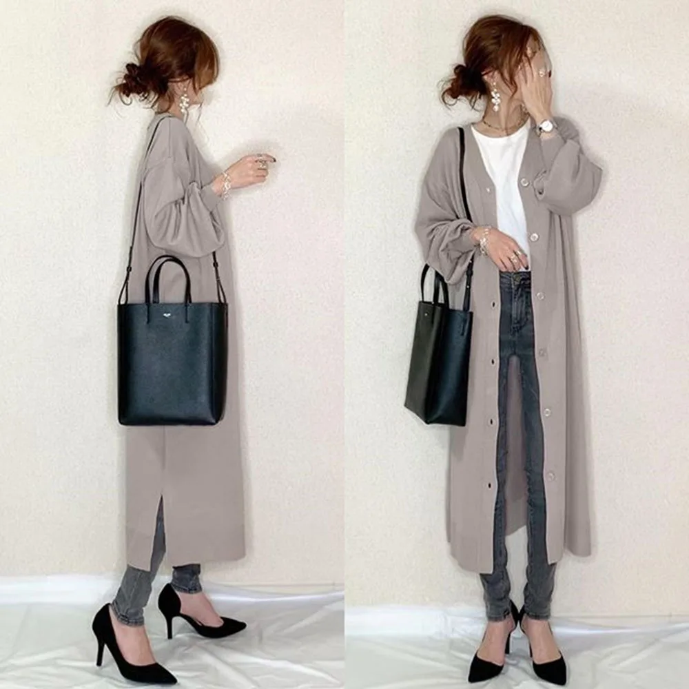 

Long Knitted Cardigan Regular Single-Breasted Split Fall Women's Sweater 2022 Spring Autumn Outwear Korea Fashion Casual Top