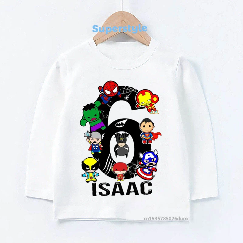 

3 4 5 6 7 8 9 Years Boy Birthday Marvel Super Hero Shirt Kid Custom Name White Long Sleeve T-shirt Kids Birthday Present Clothes