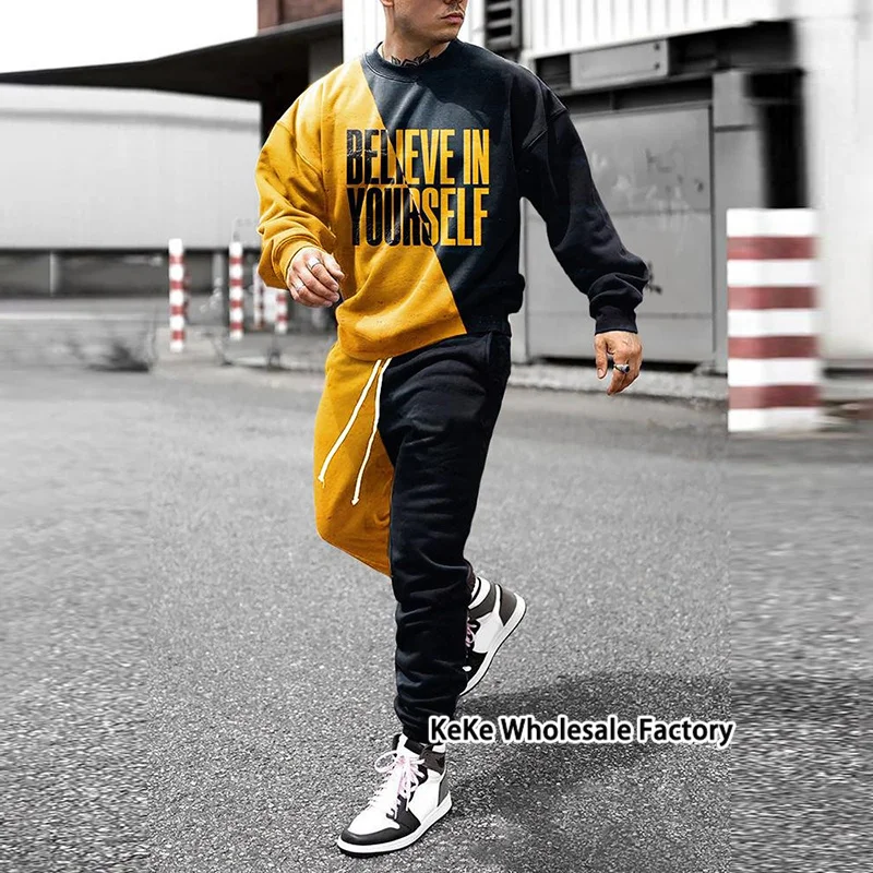 New Fashion Men's 2-Piece Tracksuits Design Style Streetwear Lattice Printed Set Long Sleeve Suit Summer Casual Trousers Outfits