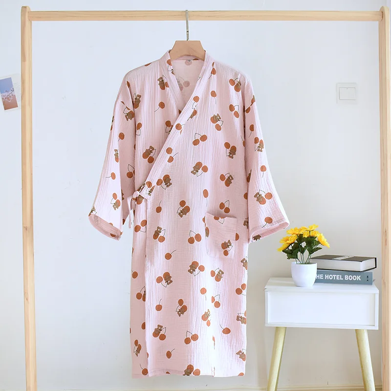 

2022 Summer New Female Kimono Robe Cotton Gauze Pink Nightgown Japanese Style Bathrobe Gown Casual Home Clothing Sleepwear