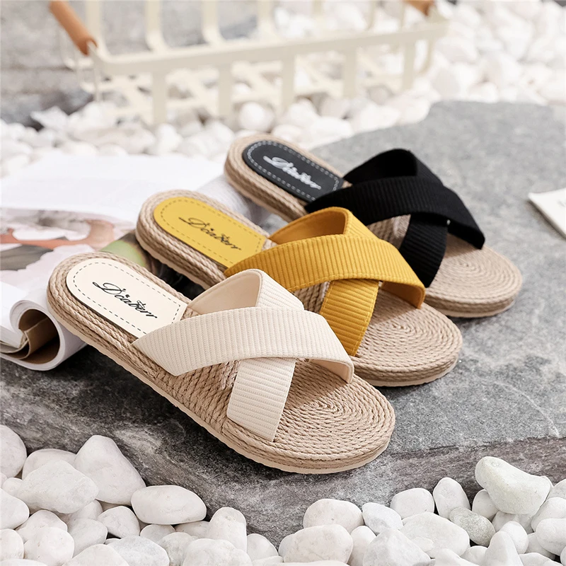 

Ladies New Slippers Summer Cross Drag Fashion Intersect Hemp Rope Outer Wear Slippers Casual National Style Sandals and Slippers