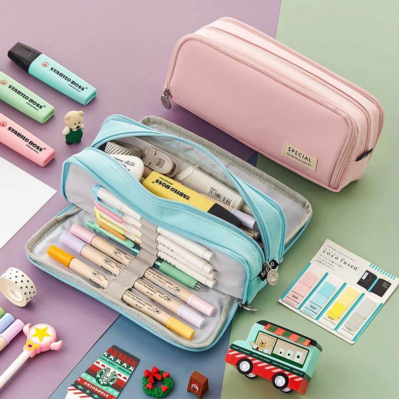 Angoo-estuche de lápices de lona para niñas, estuche escolar multicapa, bolsa Kawaii para bolígrafos, almacenamiento de papelería