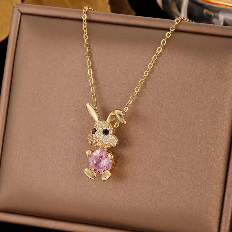 

Exquisite Pink Big Teeth Animal Rabbit Necklace Fashion Smiley Cute Bunny Pendant Choker Jewelry Femme Zircon For Women Girls