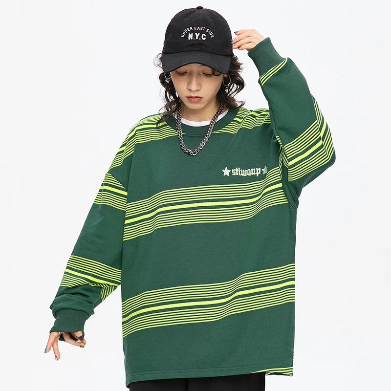 Полосатая толстовка с круглым вырезом и длинными рукавами мужской женский топ