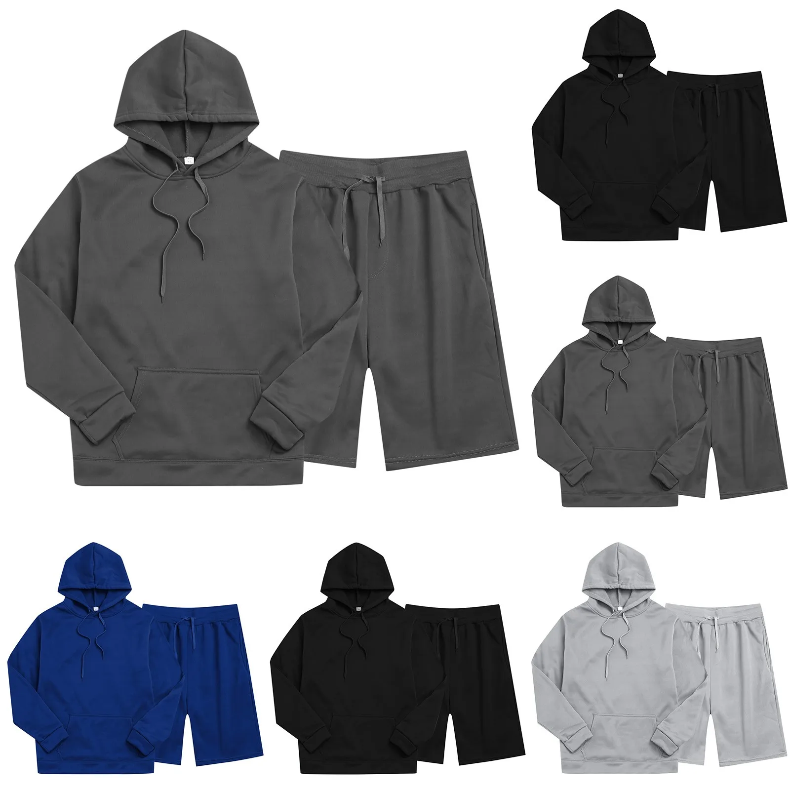 

Mens Loose Fitting Casual Sports High Street Trend Shorts Hooded Long Sleeved Pullover Set Shorts Set Men Summer Suit