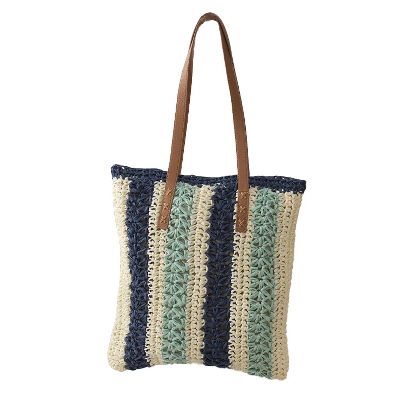 

Вместительные мягкие плетеные тоуты из соломы, многоцветная Лоскутная полосатая сумка для покупок в книжку, ажурная Женская сумочка с клап...