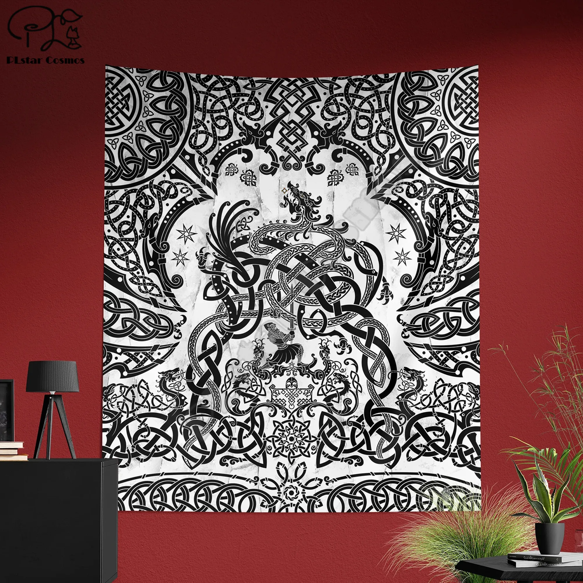 

Гобелен викингов, Скандинавская настенная подвеска, языческий домашний декор, Скандинавская Художественная печать, дракон фафнир-черный и белый