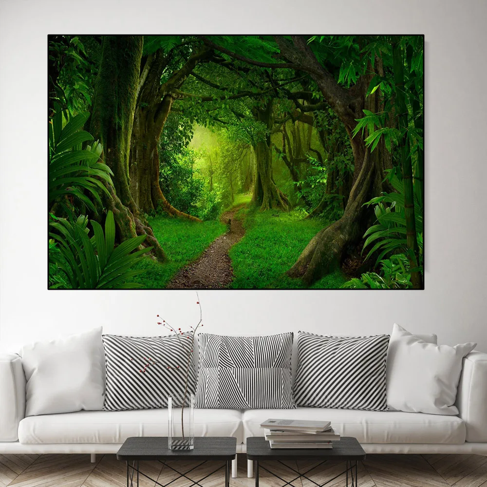 Пейзаж тропический Джунгли Лес зеленое дерево Солнечный свет холст живопись