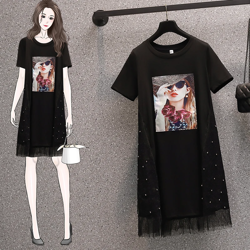 

Fashion Slim Mesh Stitching Dress 2022 Summer New Loose Beaded Dress For Women Clothing bd120