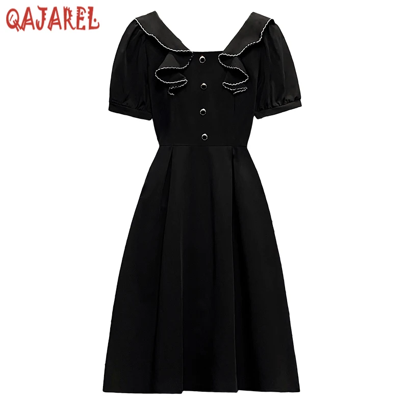 

Women Black Short Sleeve Ruffled Collar Midi Dress Summer Korean Vintage Hepburn Dress 2022 Elegant Bodycon Casual Party Dresses