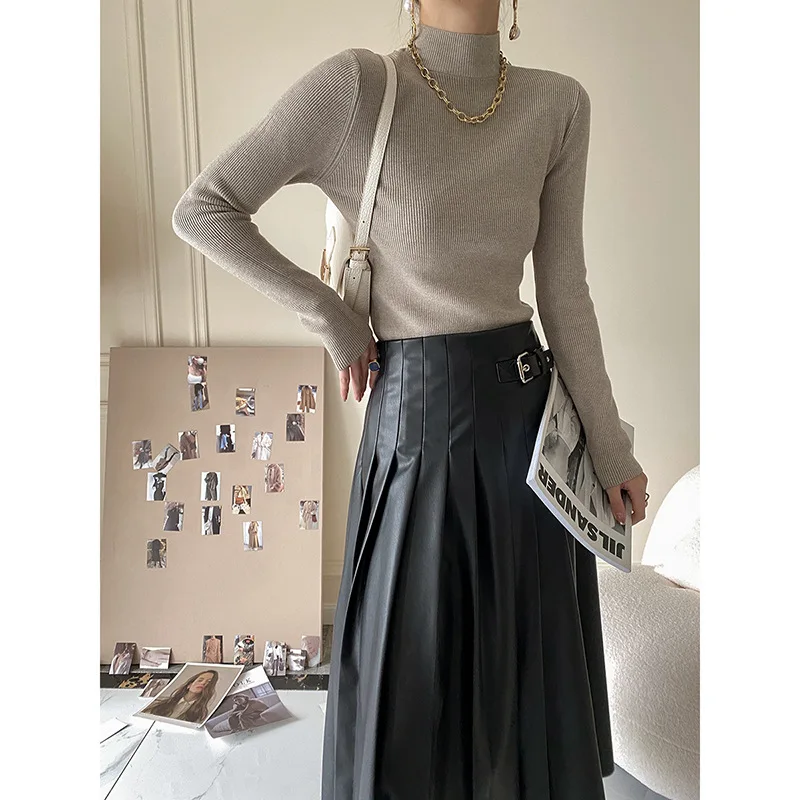 

2023 New Female Fall Winter Basic Knitted Sweater Women Mock-neck Plain Slim Fit Pullover Tops Ladies Commuting Clothing Outfits