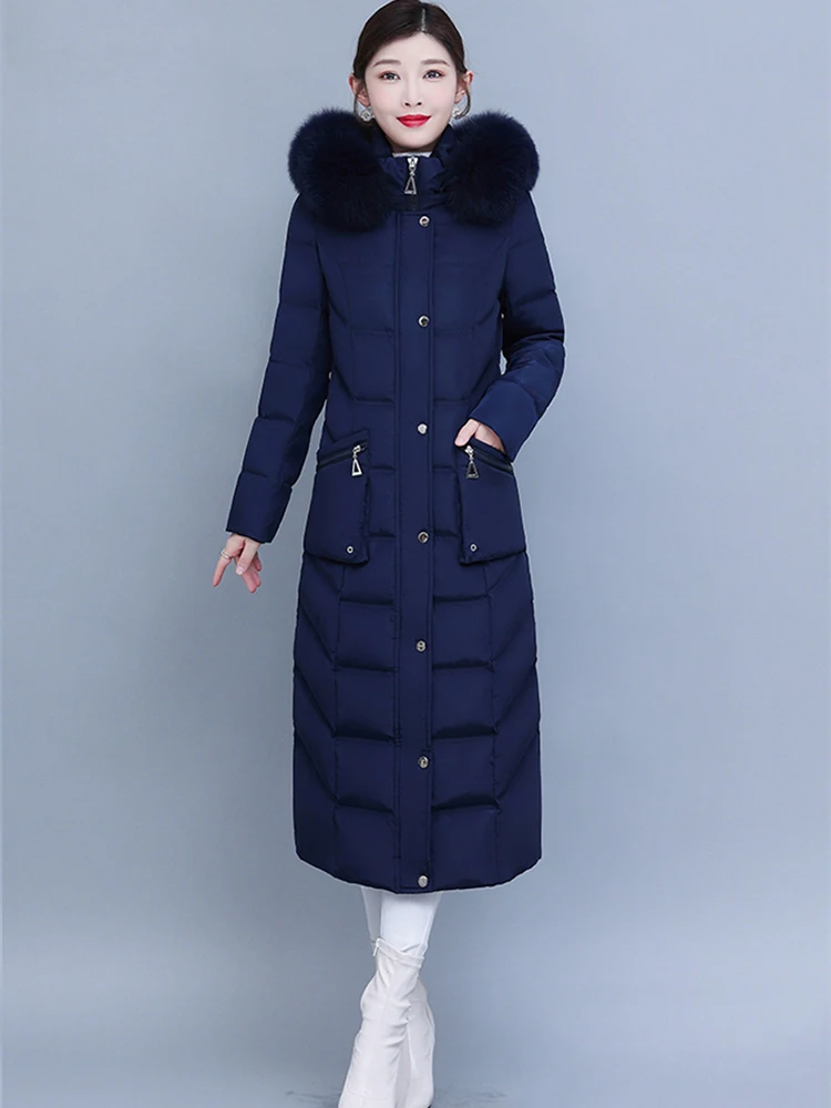 New Women Long Down Coat Winter Fashion Detachable Real Fox Fur Collar Thicken Warm White Duck Down Jacket Slim Hooded Overcoat