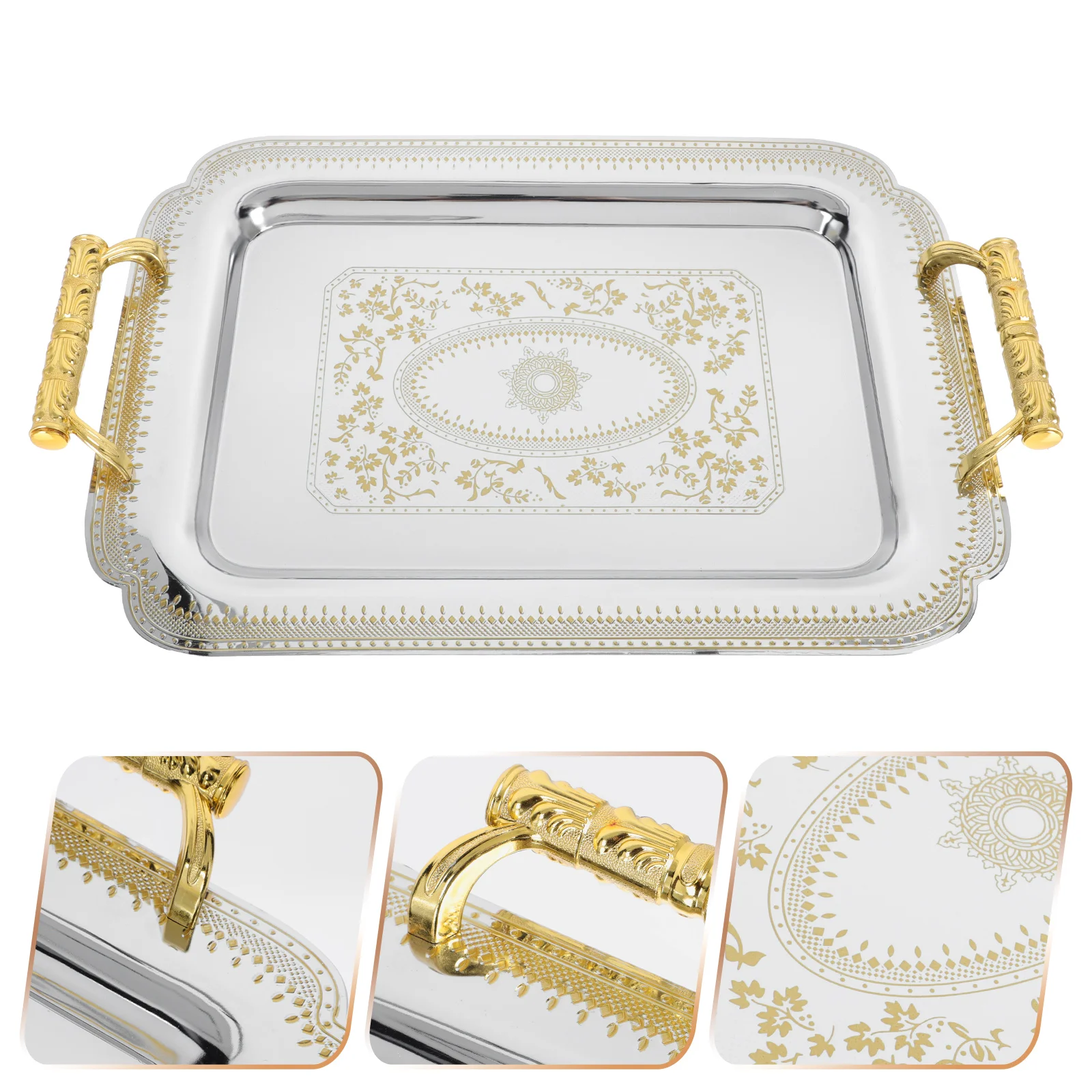 

Tray Serving Plateplatter Metal Coffee Cake Dessert Bread Drinks Fruit Trays Ottoman Stainless Rectangular Gold Breakfast Table
