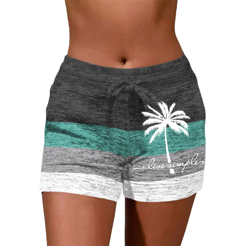 Cute Coconut Tree Color Block Shorts Summer Drawstring Shorts for Women's Comfy Activewear Lounge Shorts Elastic with Pockets