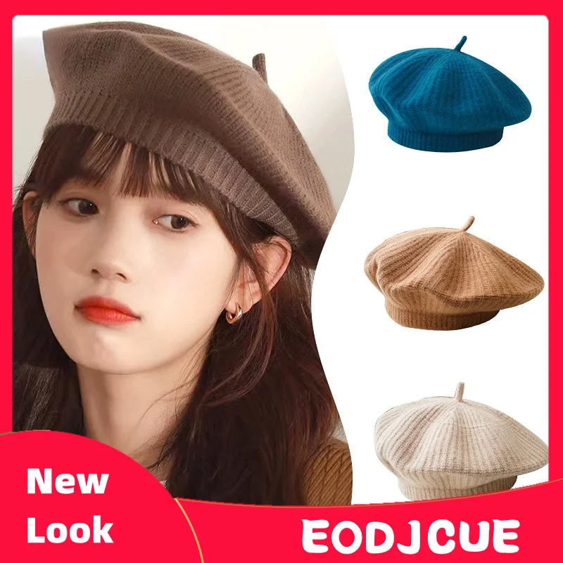 

Korean Version Autumn Winter Knitted Wool Beret Cap Women Literary and Artistic Versatile Warm-keeping Solid-color Painter Hat