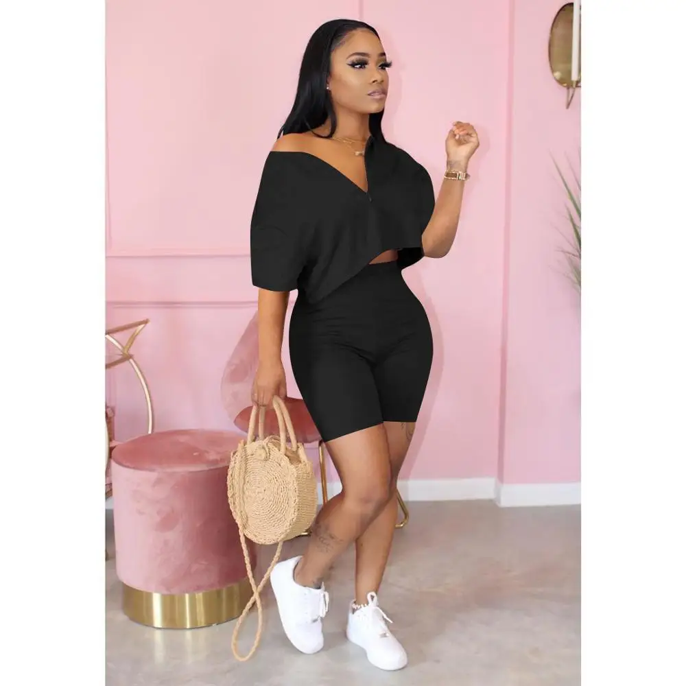 

2023 Tracksuit 2 piece set Casual Crop Top + Pants Short Sleeve Deep V-neck 7 Color Summer Cloth For Women Outfits Solid