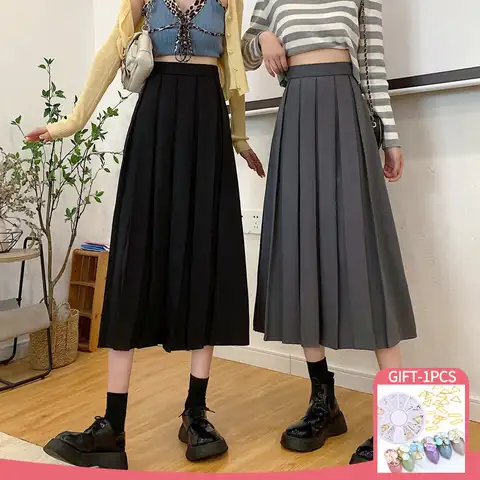 2022 Fashion Long Skirt High Waist A Line Elastic Waist Pleated Skirt Elegant Black Coffee Solid Color Maxi Skirt for Women Girl