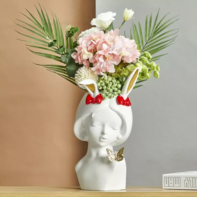

NEW Resin Antlers Girl Small Vase Simple Style Human Face Vase Decoration Living Room Bedroom Arrangement Dried Home