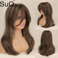 suq synthetic wigs for women ombre brown blonde wig with bangs long wavy cosplay natural heat resistant wig for women