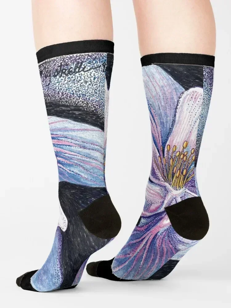 Синий Columbine Flower (Genuflection to O'Keeffe) Носки с цветочным принтом роскошные оптовые