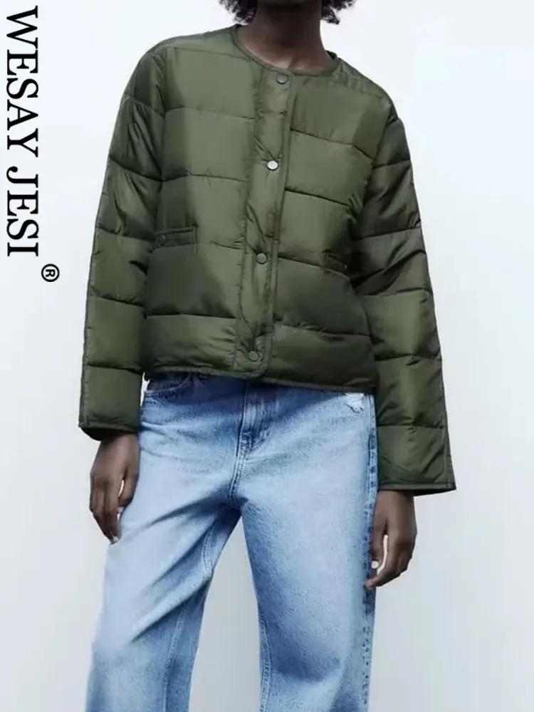 WESAY JESI Winter Women Warm Cotton Clothes Round Neck Long Sleeve Loose Army Green Jacket Coat Fashion Vintage Female Outerwear